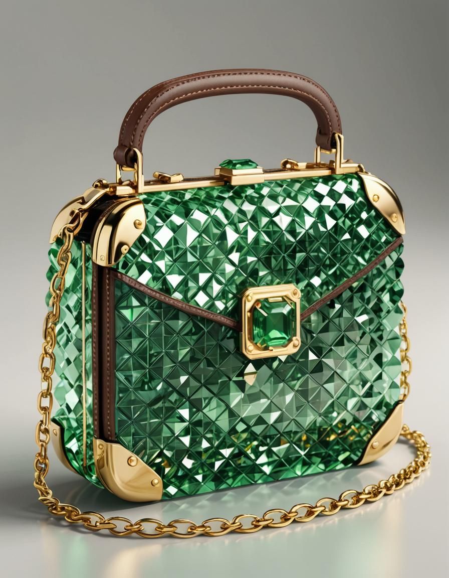 A glass bag made of light green crystal with gold trim and a...