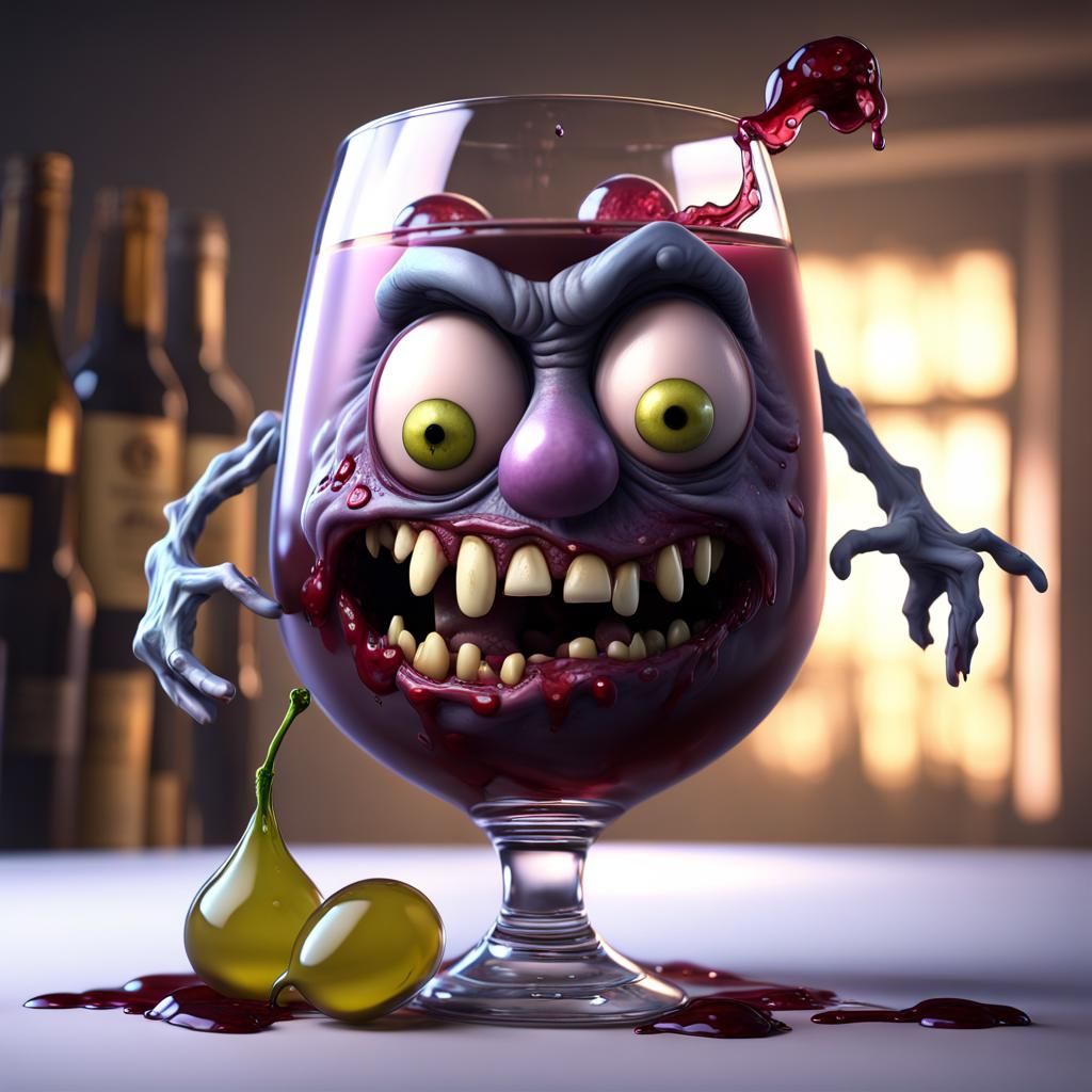 Hyper Realistic Cartoon Grape Character Devours Wine