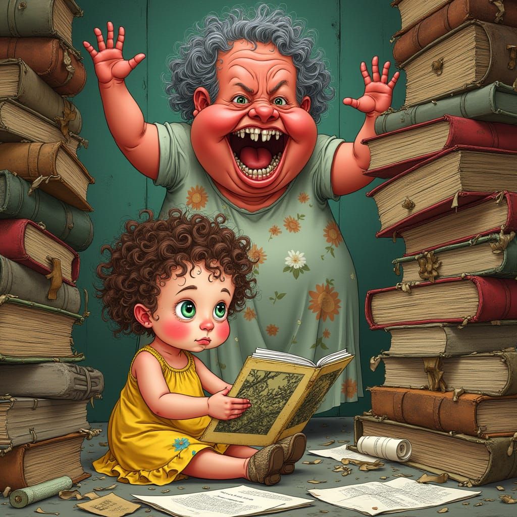 Cozy Bookworm Girl Defies Scowling Giant