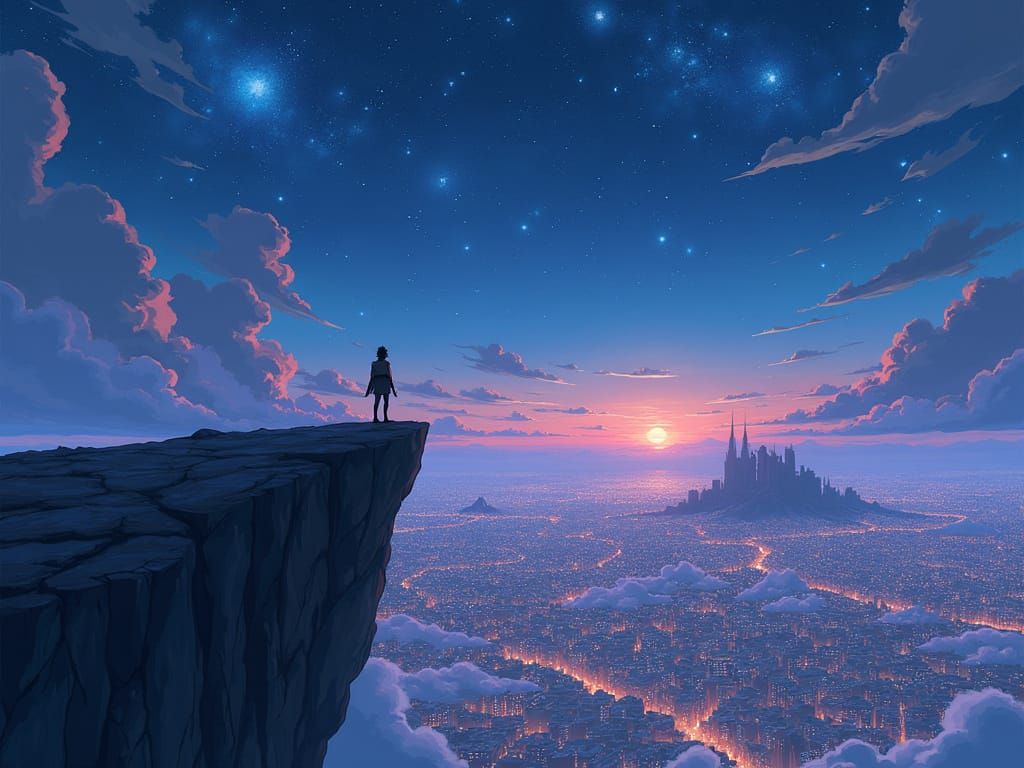 Epic Anime Hero Stands at Cliff's Edge