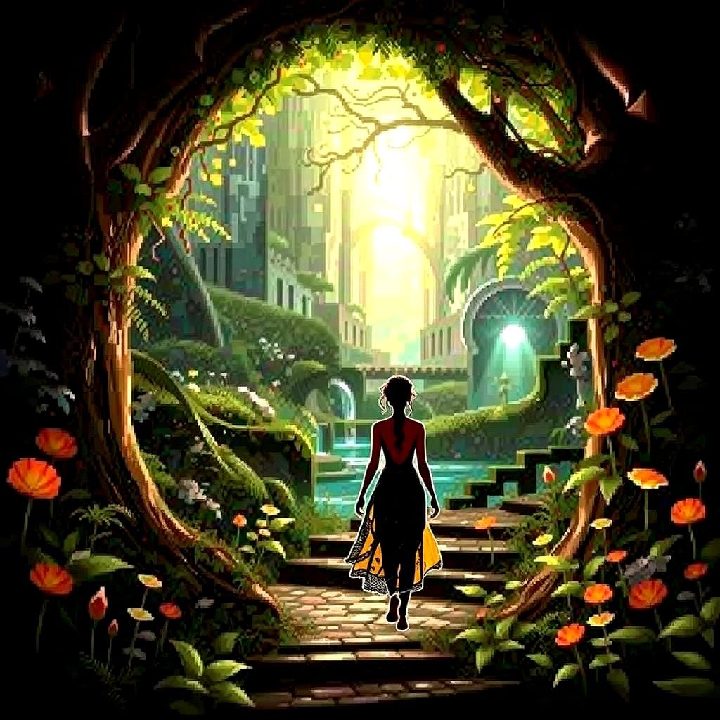 Ethereal Woman Walks Through Misty Forest in Vibrant HDR