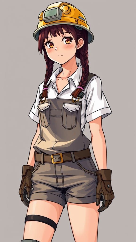 Anime-Style Miner Girl with Braids and Rugged Attire