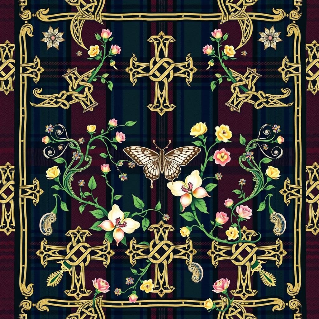 Traditional Celtic-Inspired Fabric Tile in Rich, Dark Colour...