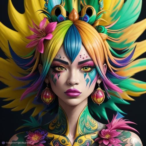 Vibrant Dragon Peacock Woman in Graffiti Art Style