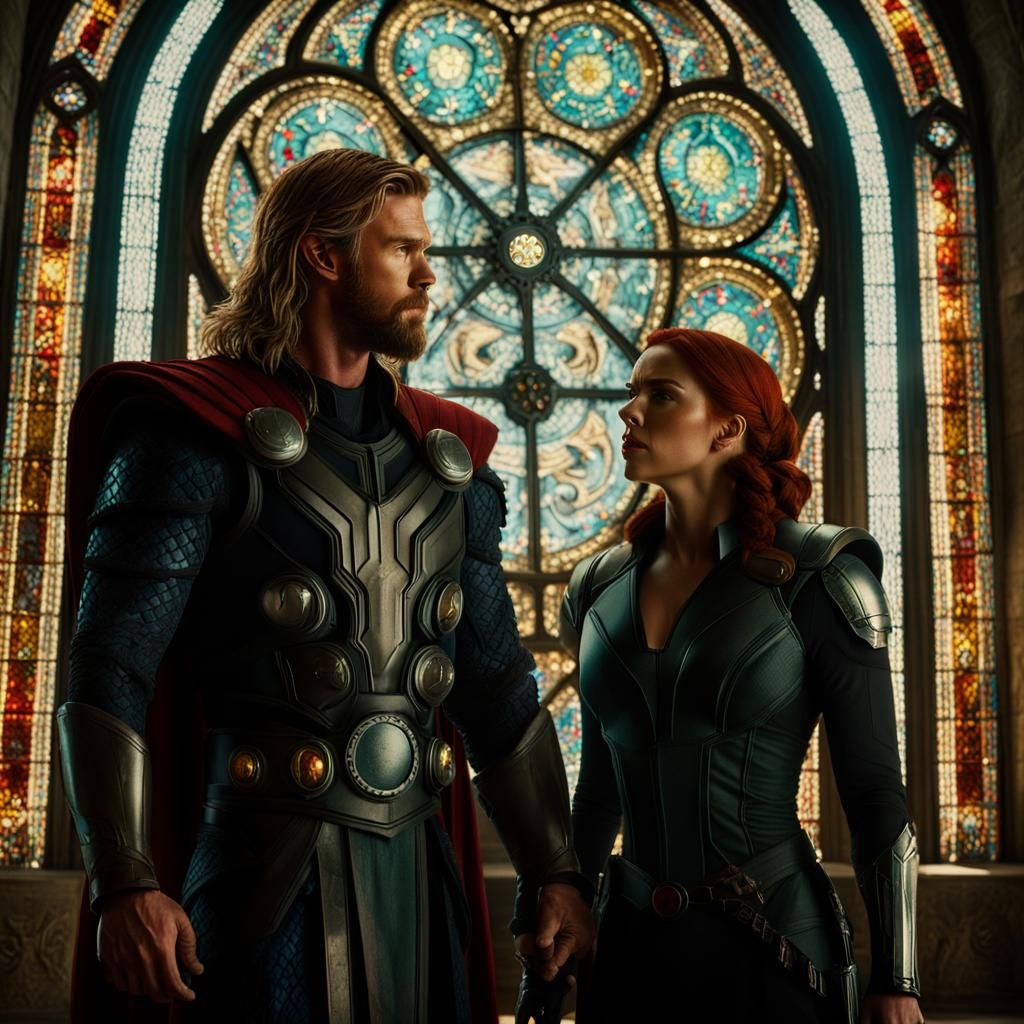 Thor and Black Widow in Stained Glass Castle, Cinematic Film...