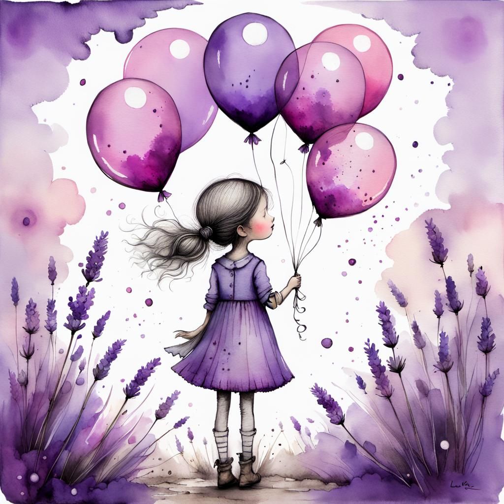 Whimsical Lavender Girl Holding Pink Balloons