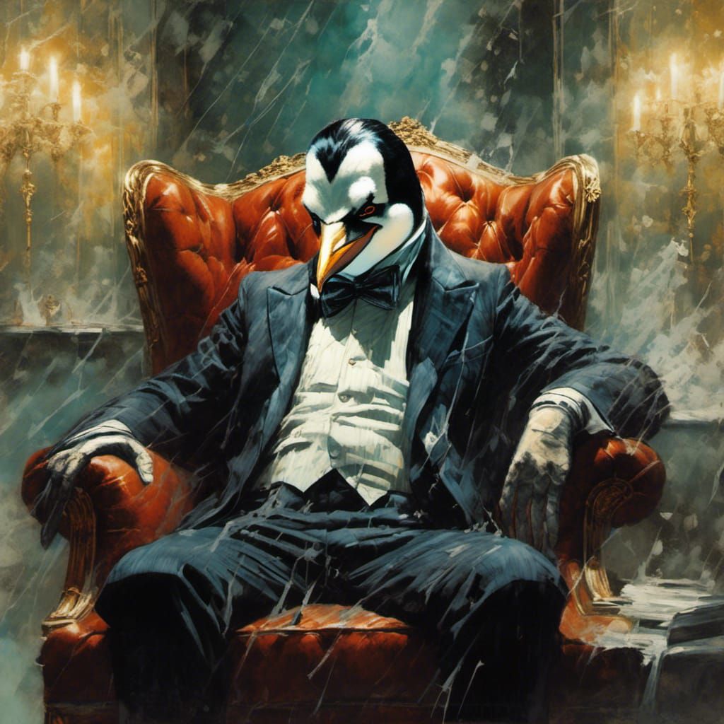 Penguin Comic Book Villain Sits in a Lounge