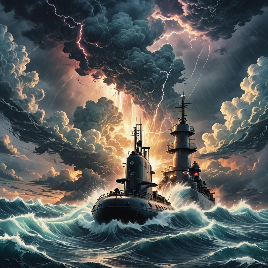 Vibrant Anime Submarine Rides Out Turbulent Ocean Waves