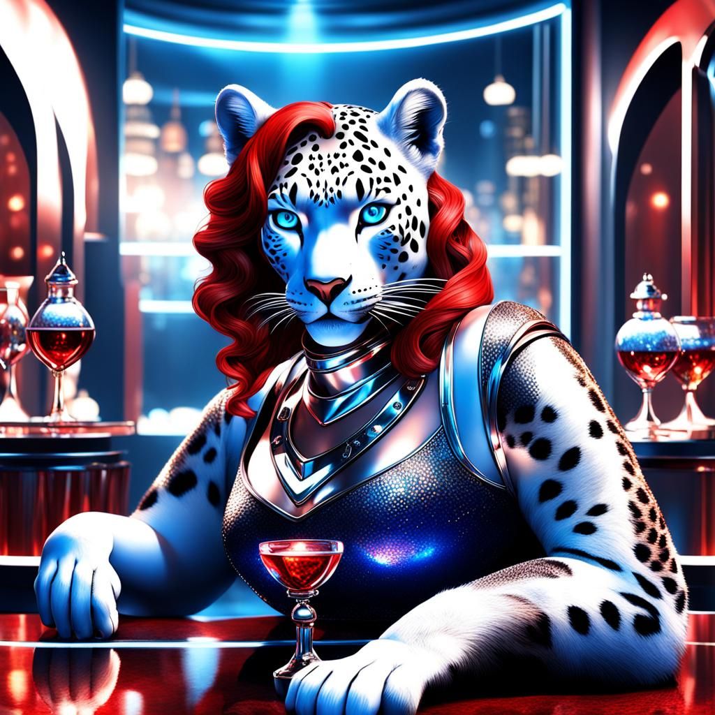 Glamorous Futuristic Neko Woman with Red Hair and Full Figur...