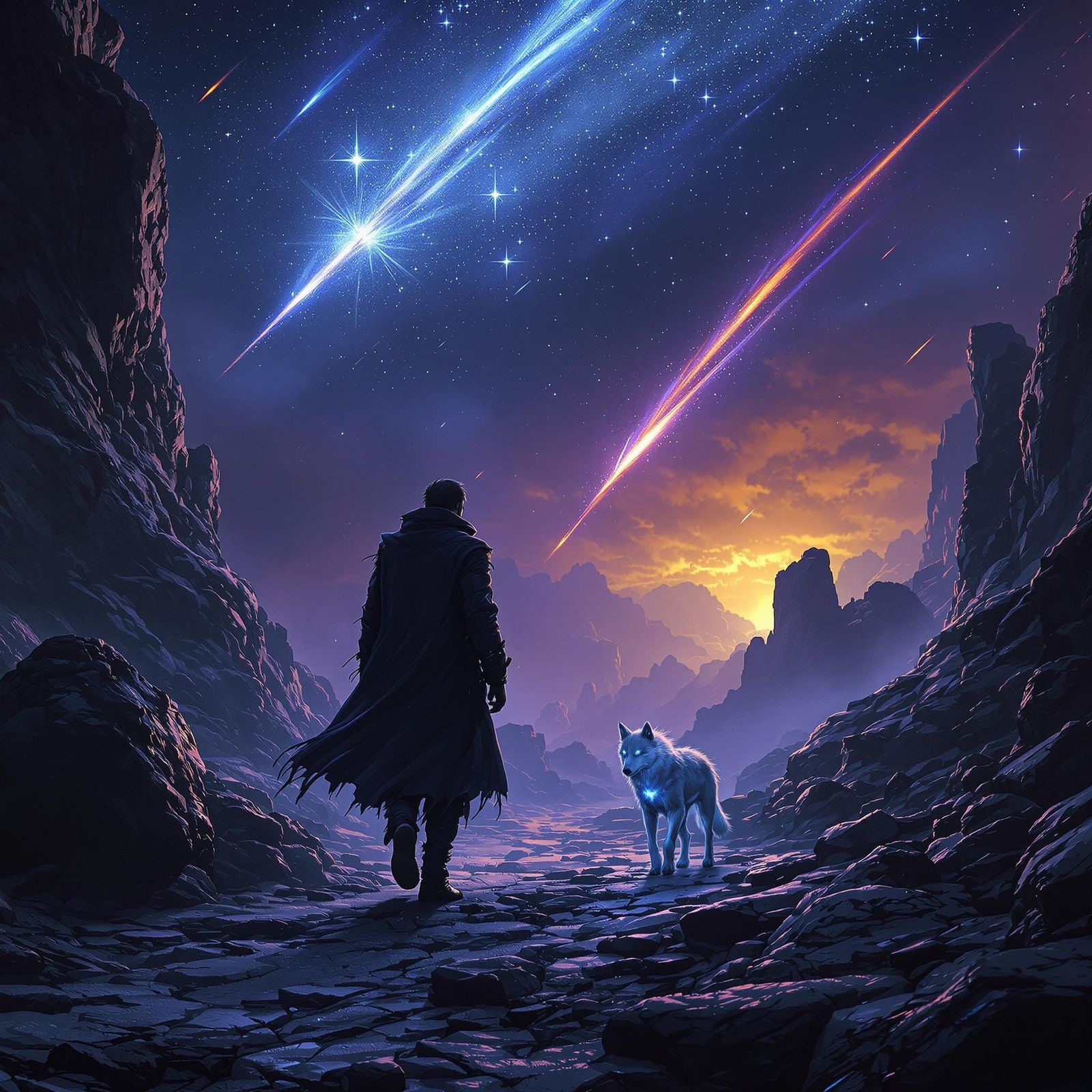 Man in Dark Fantasy World Walking Wolf-Like Dog Beneath Cele...