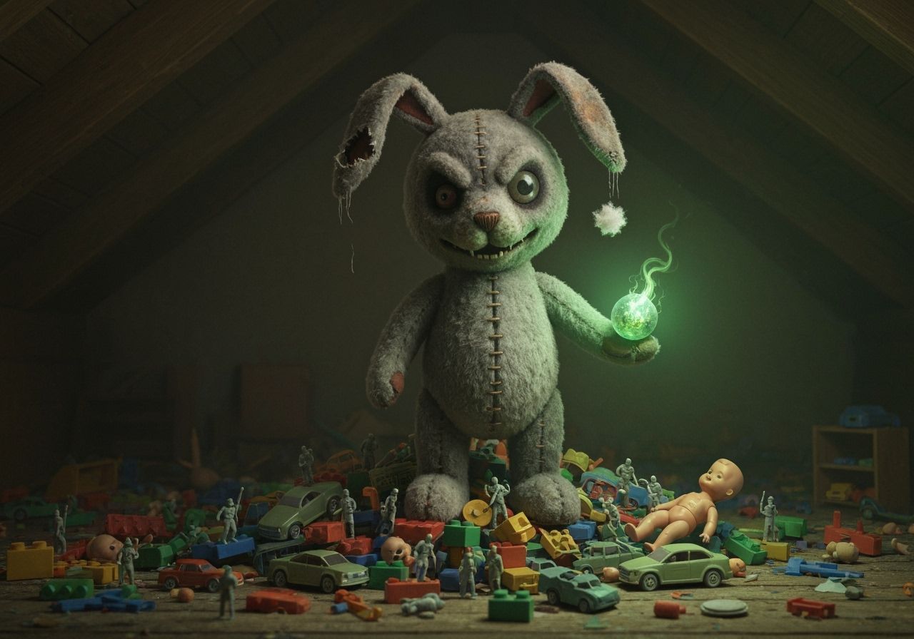 Evil Plush Rabbit with Sinister Orb in Dusty Attic