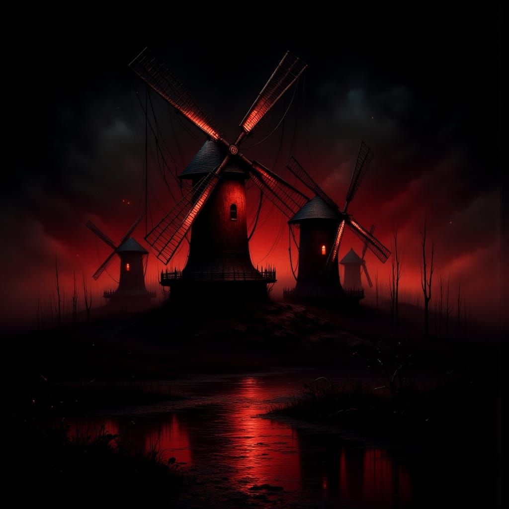 Abstract Spanish Windmills in Red and Black