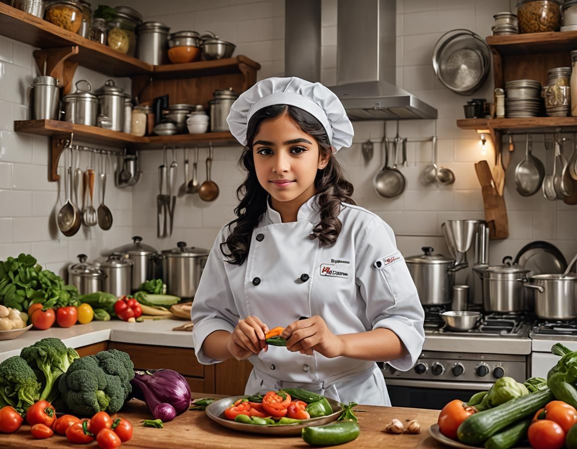 Cute Middle Eastern Chef Girl in Kitchen