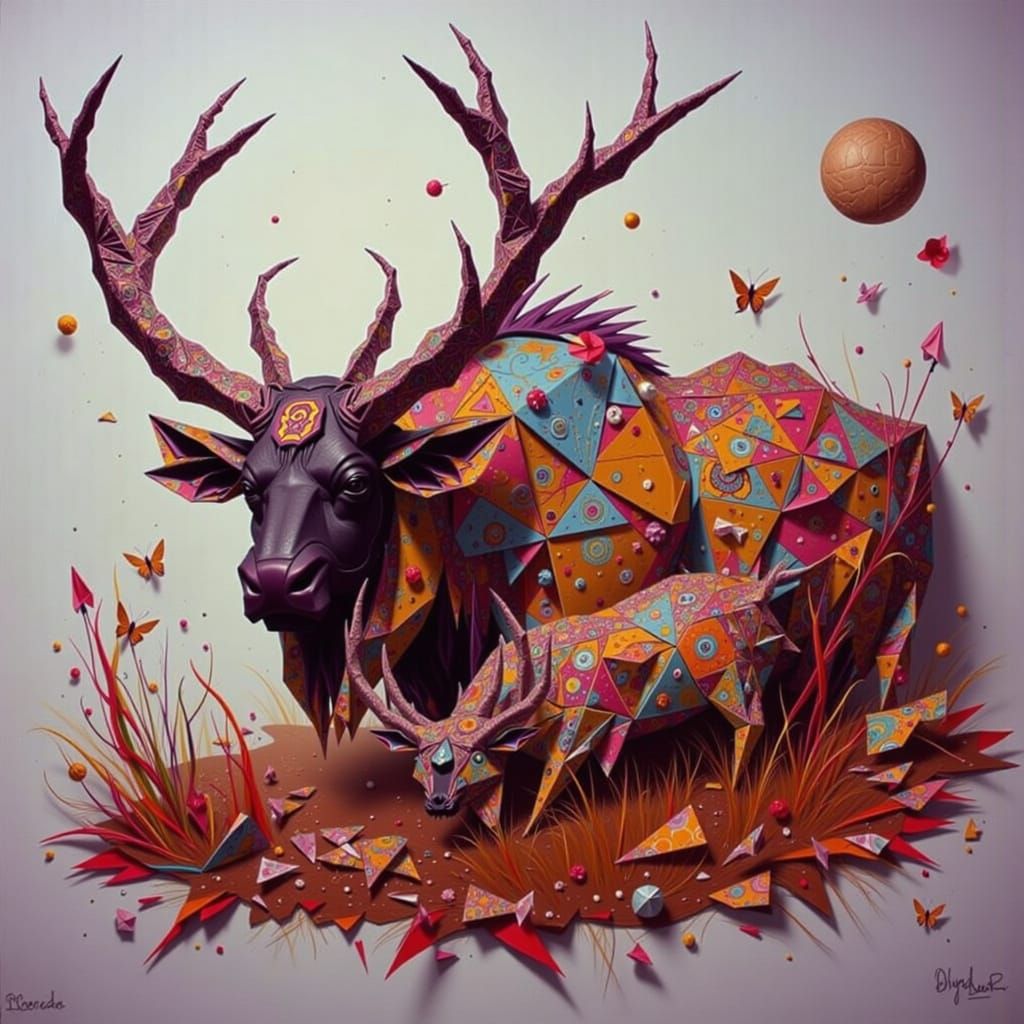 <lora:ORIGAMI STAG:1.0> A geometric abstraction featuring a majestic muskox with calf composed of neon shapes and intric...