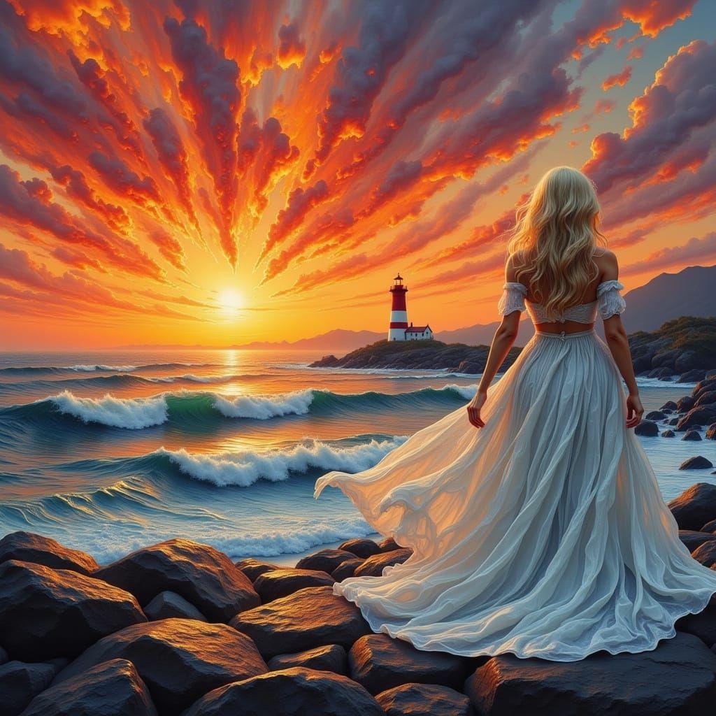 Ethereal Sunset Goddess on Rocky Shoreline