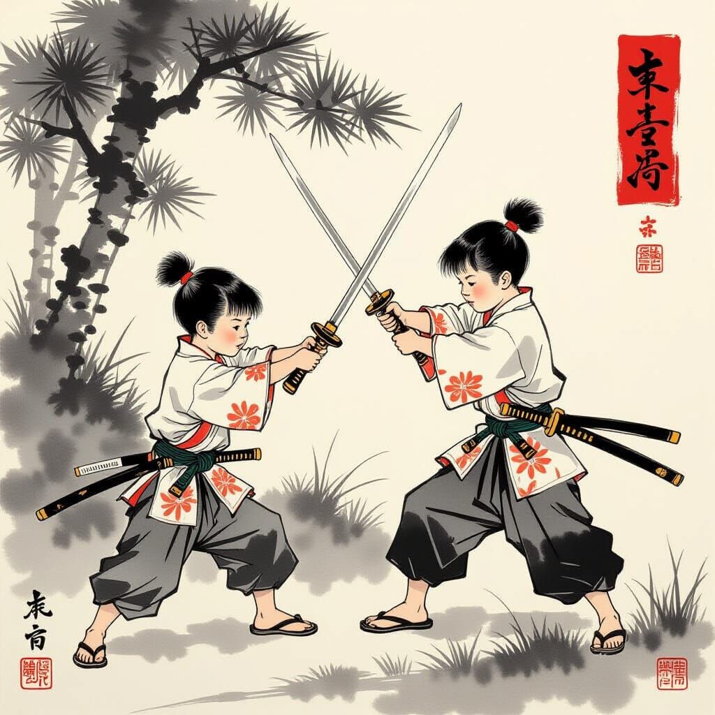 Young Samurai Boys Playing with Iris Swords in Ukiyo-e Style