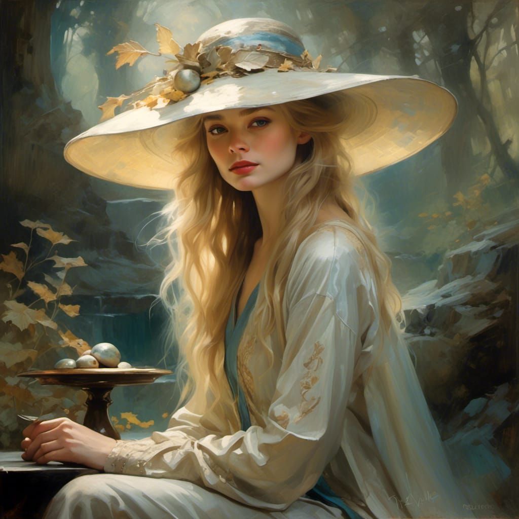 Pretty Galadriel in Fantasy Art with Mushroom Hat and Patter...