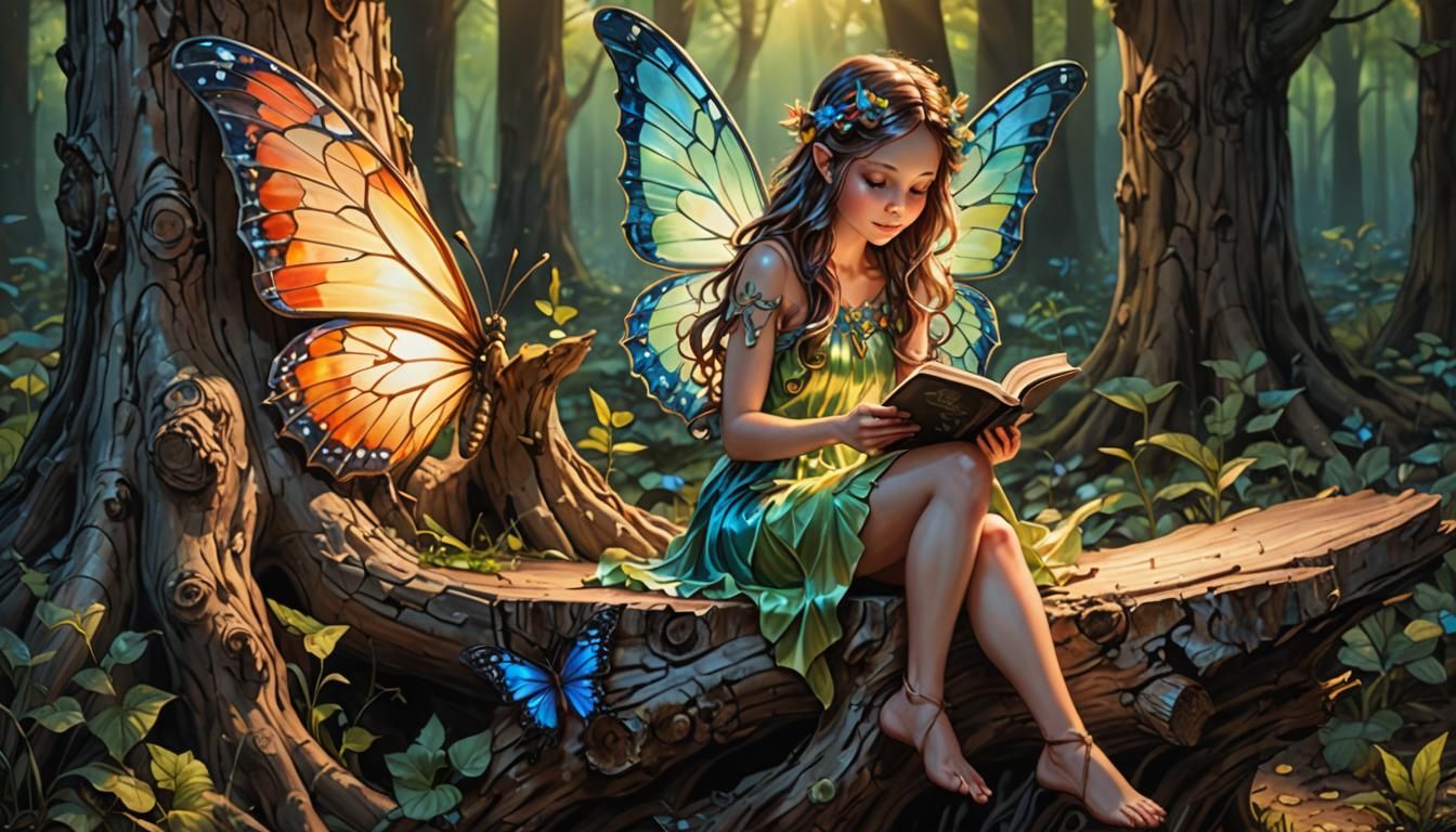 Whimsical Fairy Reads Amidst Vibrant Butterfly Wings