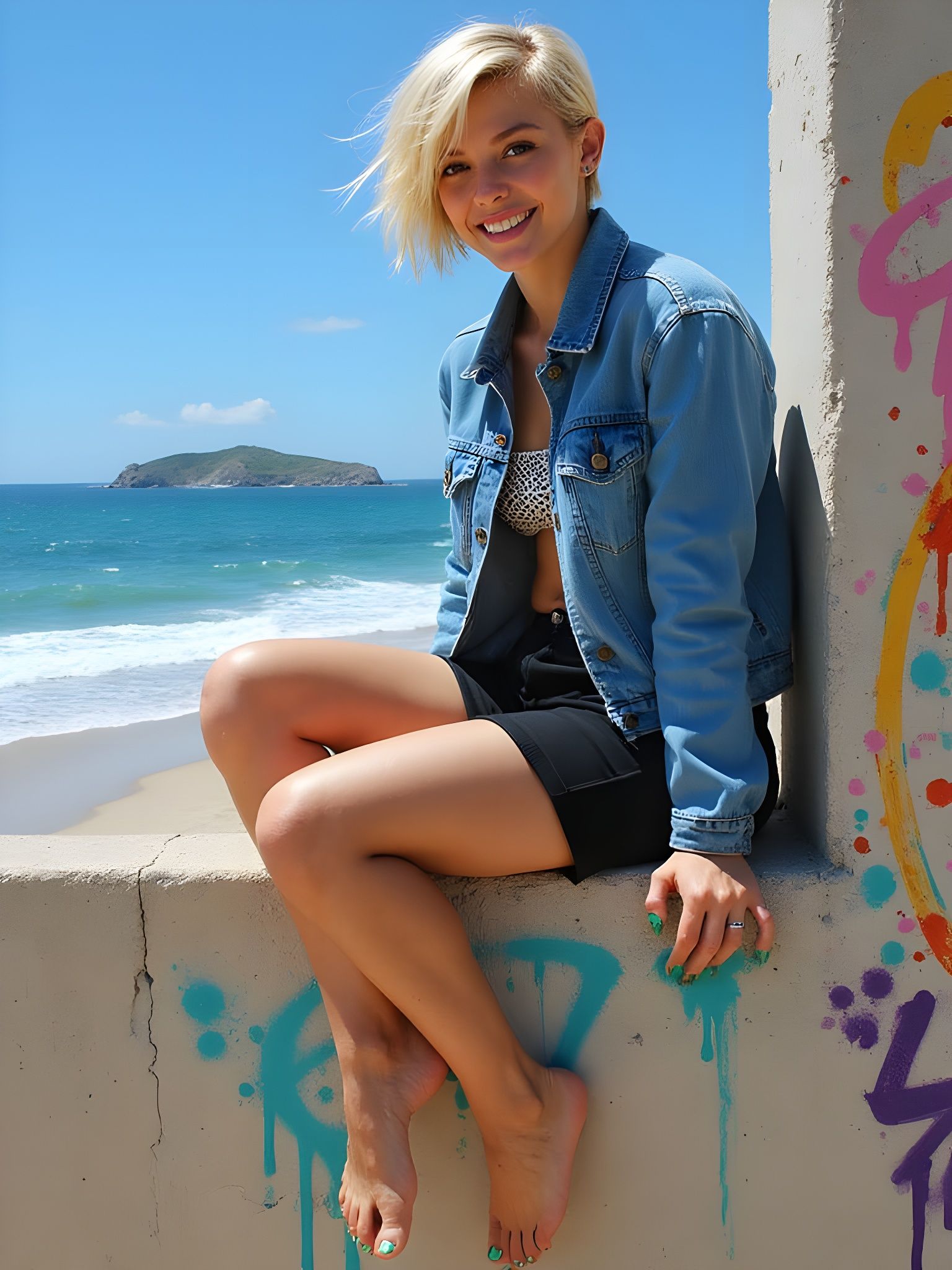 Woman Overlooking Beach in Graffiti Art Style