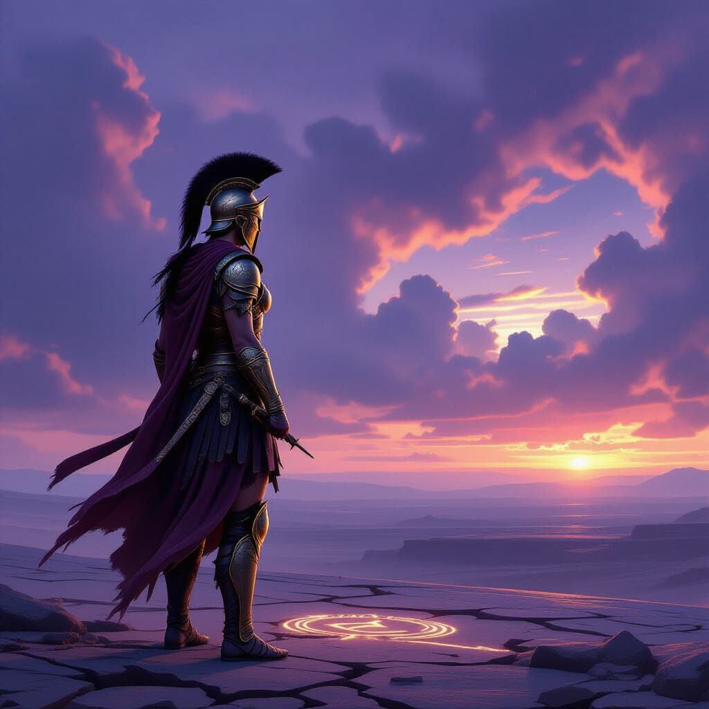 Lone Warrior Athena on Windswept Plateau