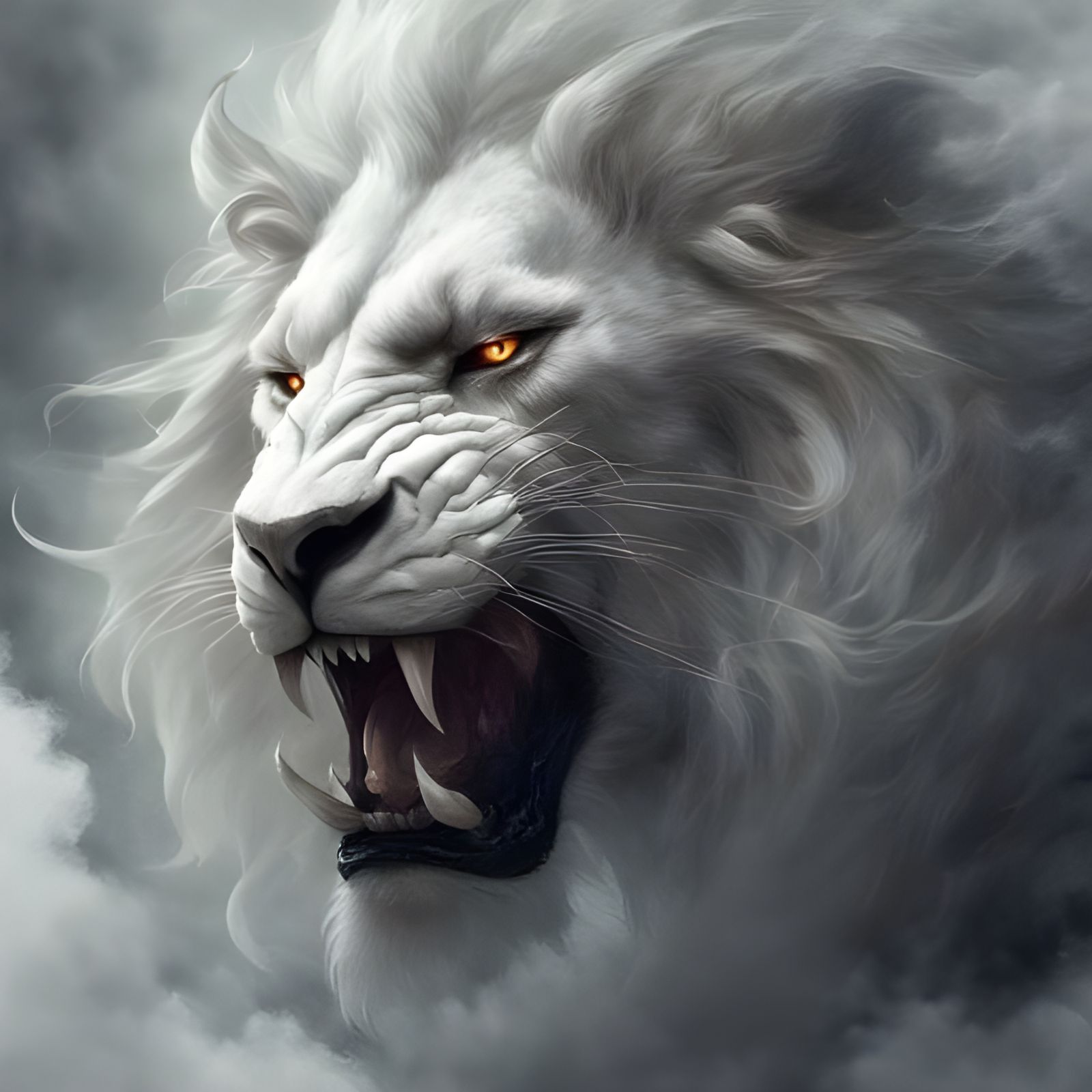 A Powerful White Lion Emerge from Dark Smoke and Shadows