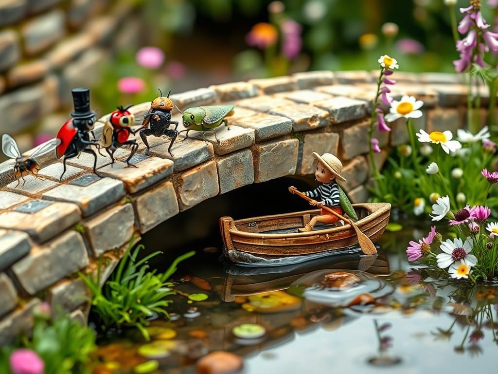 Elegantly Attired Insects Cross Cobblestone Bridge in Whimsi...
