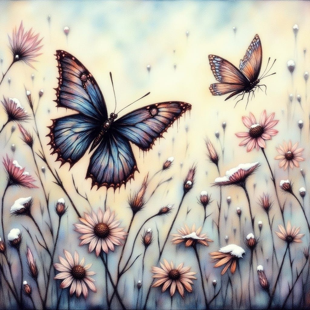 Beautiful Butterfly in Snowy Watercolor Landscape