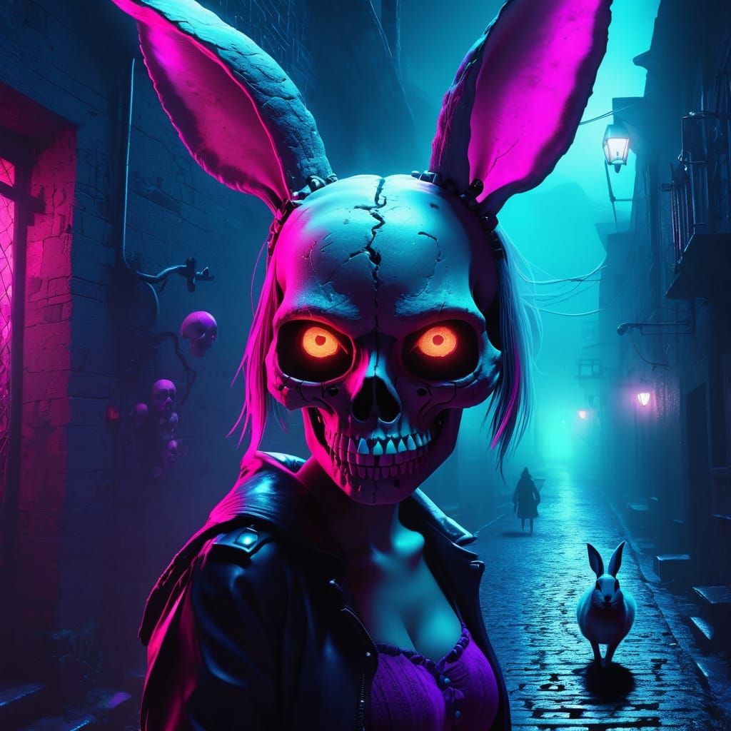 Alice Follows Skull Rabbit in Gritty Digital Cityscape