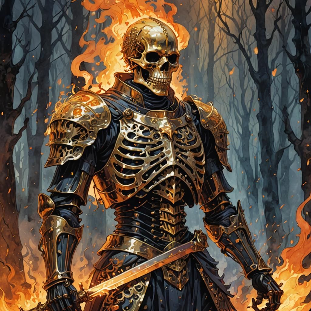 Epic Skeleton Knight in Golden, Fiery Hues