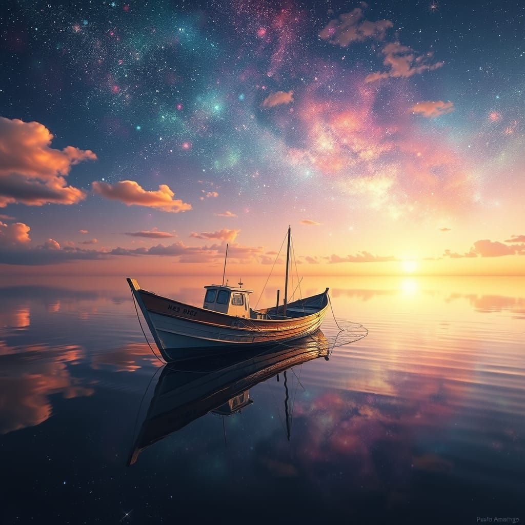 Cosmic Fishing Boat in Vibrant Astral Colors