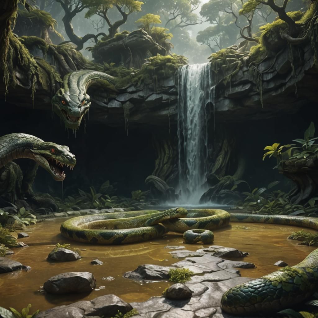 Surreal Fantasy Landscape with a Massive Snake