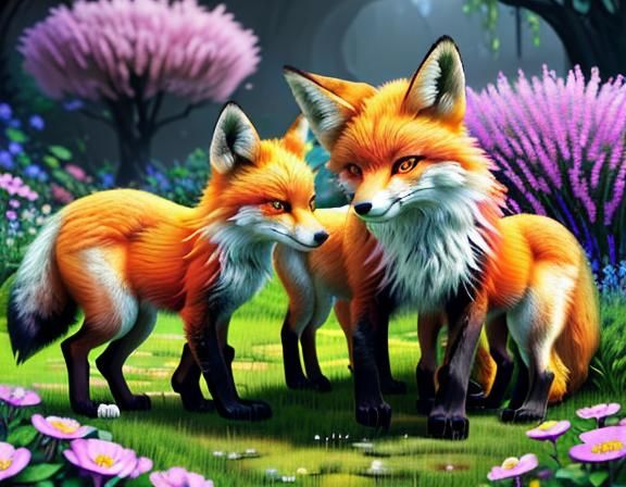 Mother Fox and Cubs Play in Vibrant Springtime Garden
