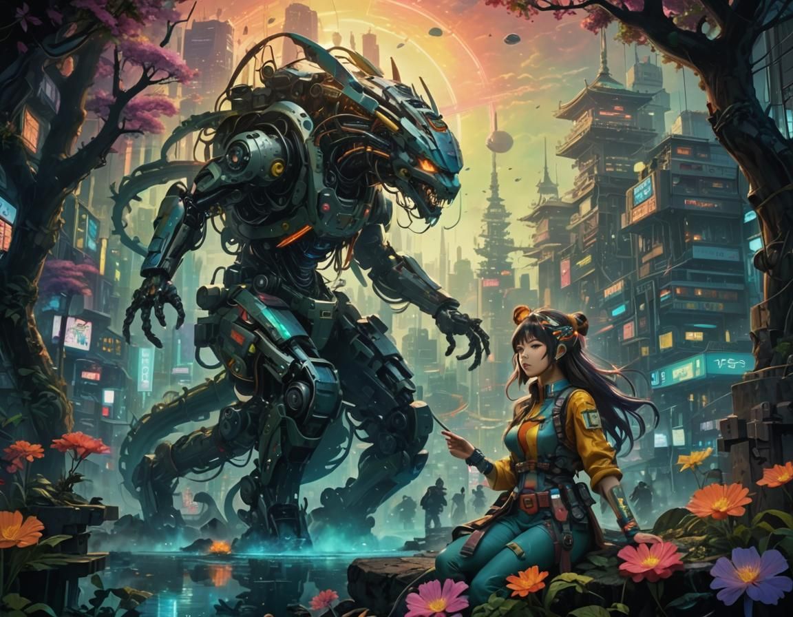 Magical Robot Figure in Neon-Lit Cyberpunk Landscape