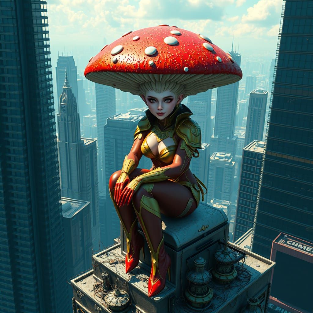 Mushroom Superhero on Skyscraper in Fantasy Art Style
