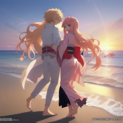 Anime Romance by the Ocean at Sunset