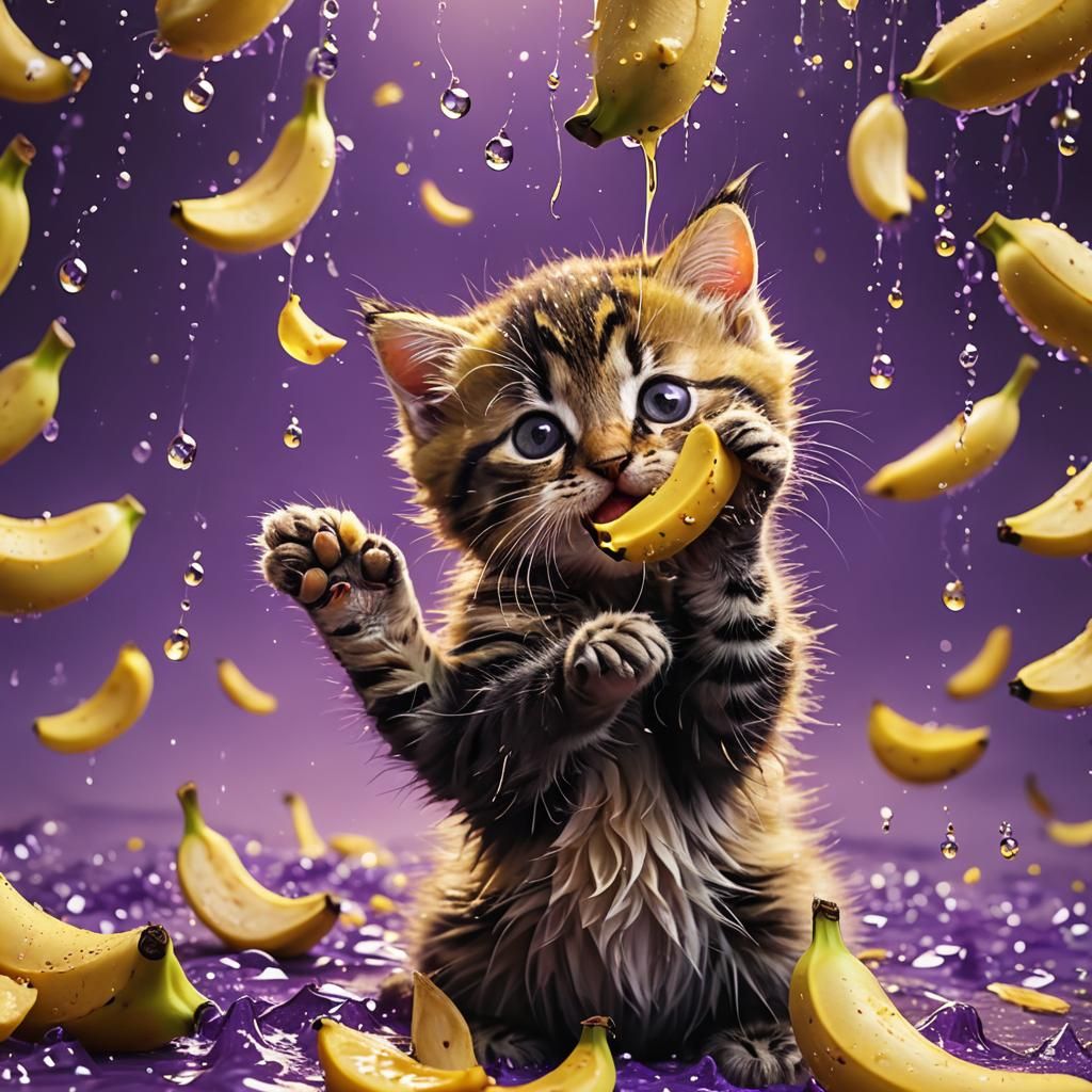 Fantastical Kitten Plays with Banana in Vibrant Colors