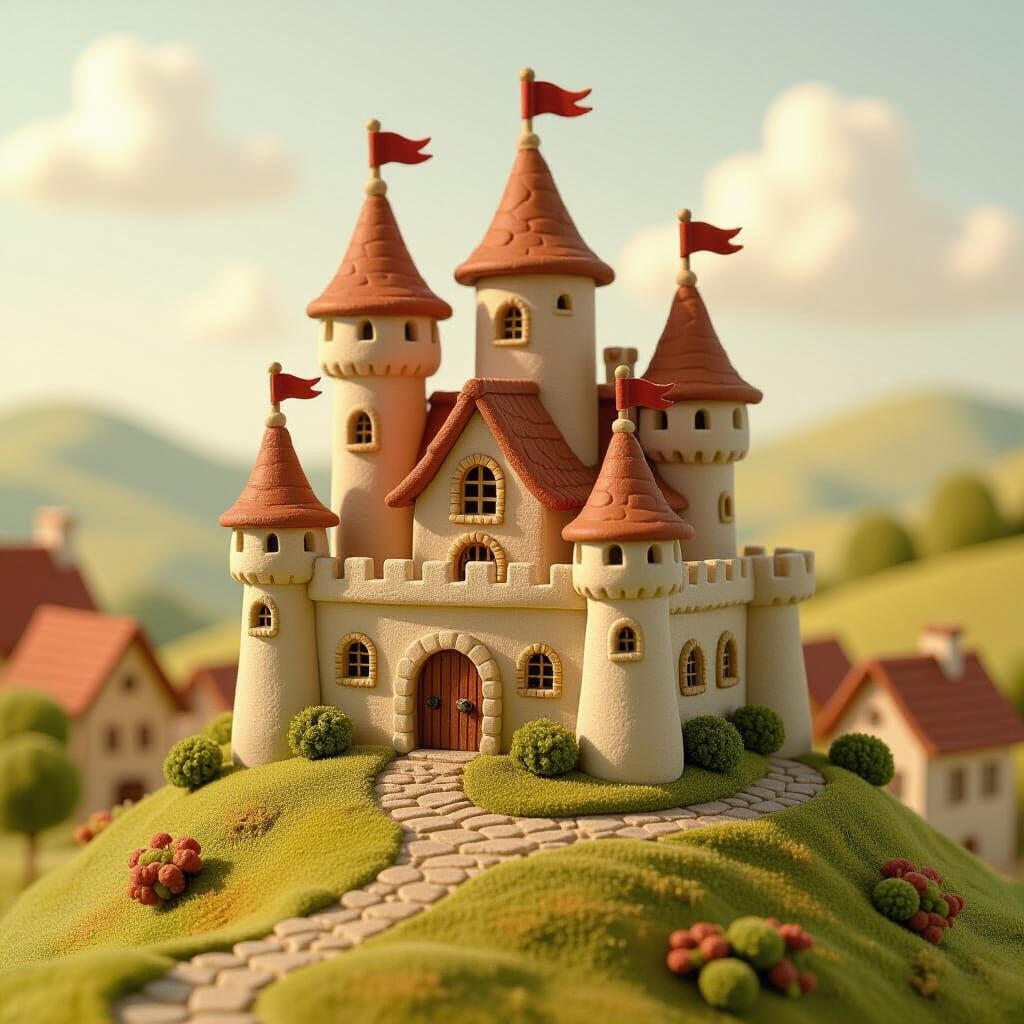 Miniature Clay Castle Above Handcrafted Village