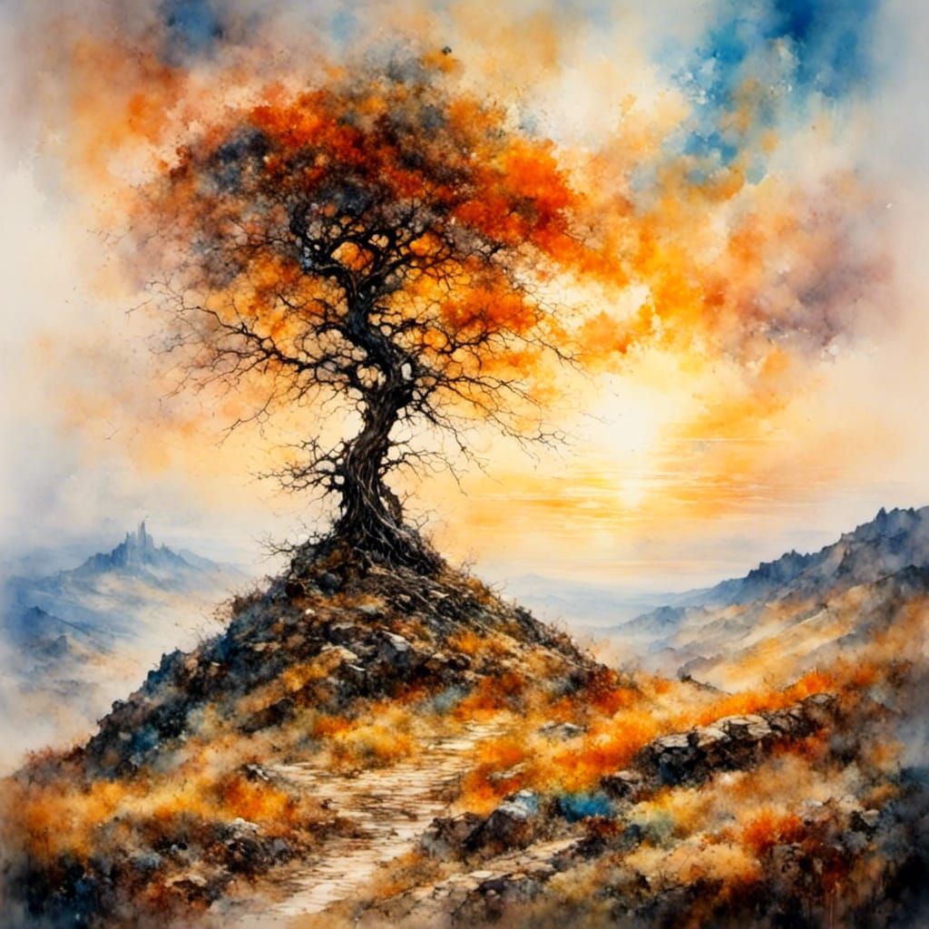 Impressionistic Tree on a Sunset Hillside