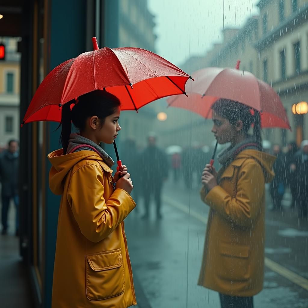 Young Girl Stands Under Umbrella in Rainy Italian Street Sce...