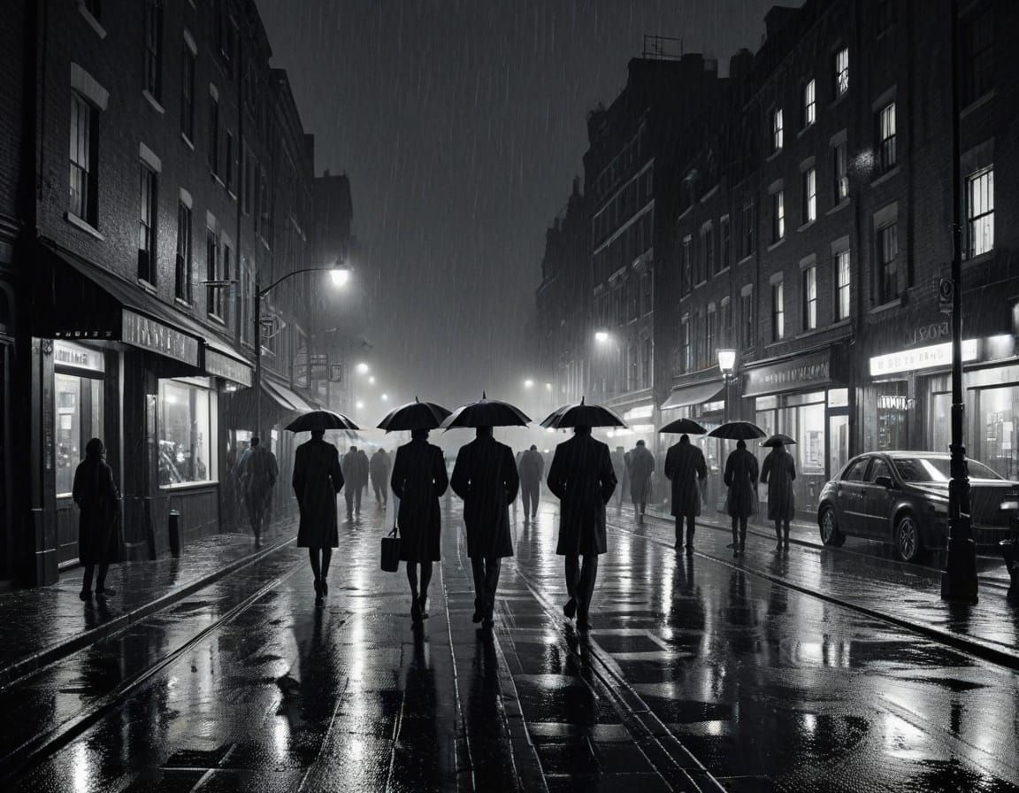 Rainy City Street in Bold Linocut Style