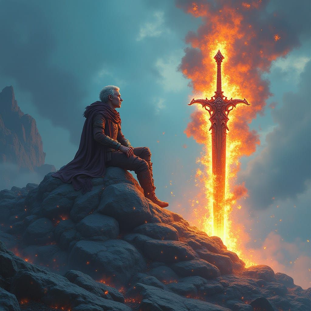 Warrior's Awe-Inspiring Vow, Set Amidst Ethereal Flames and....