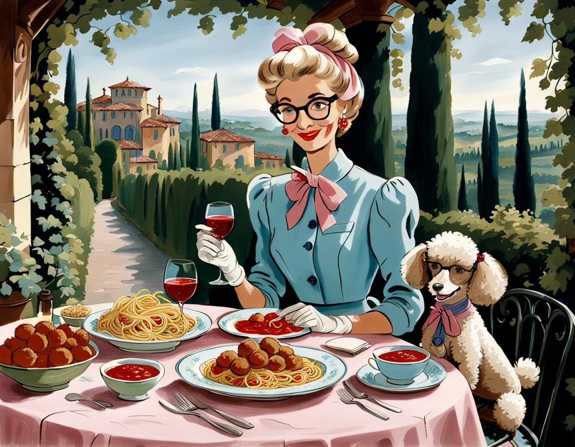 Elegant Parisian Woman Serves Spaghetti with Poodle in Tusca...