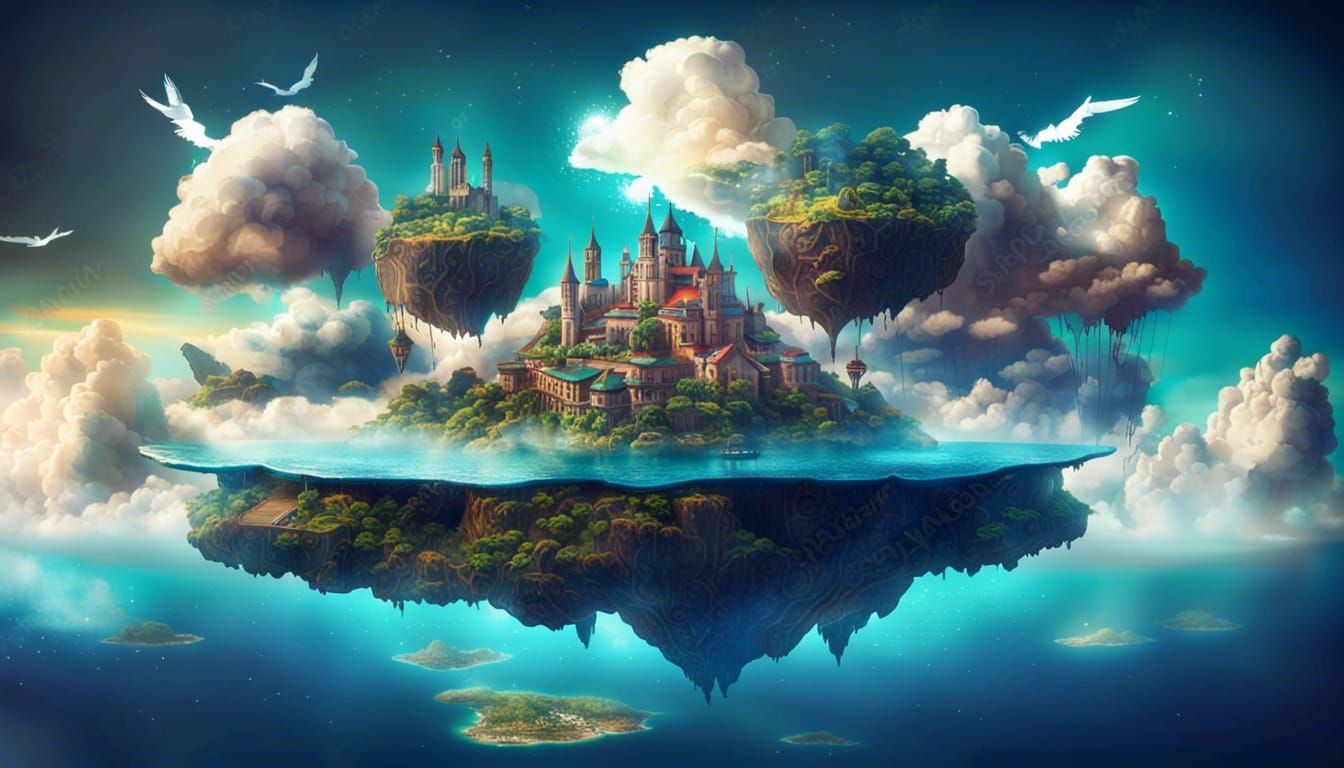 Ethereal Fantasy Realm with Floating Cities and Mythical Cre...