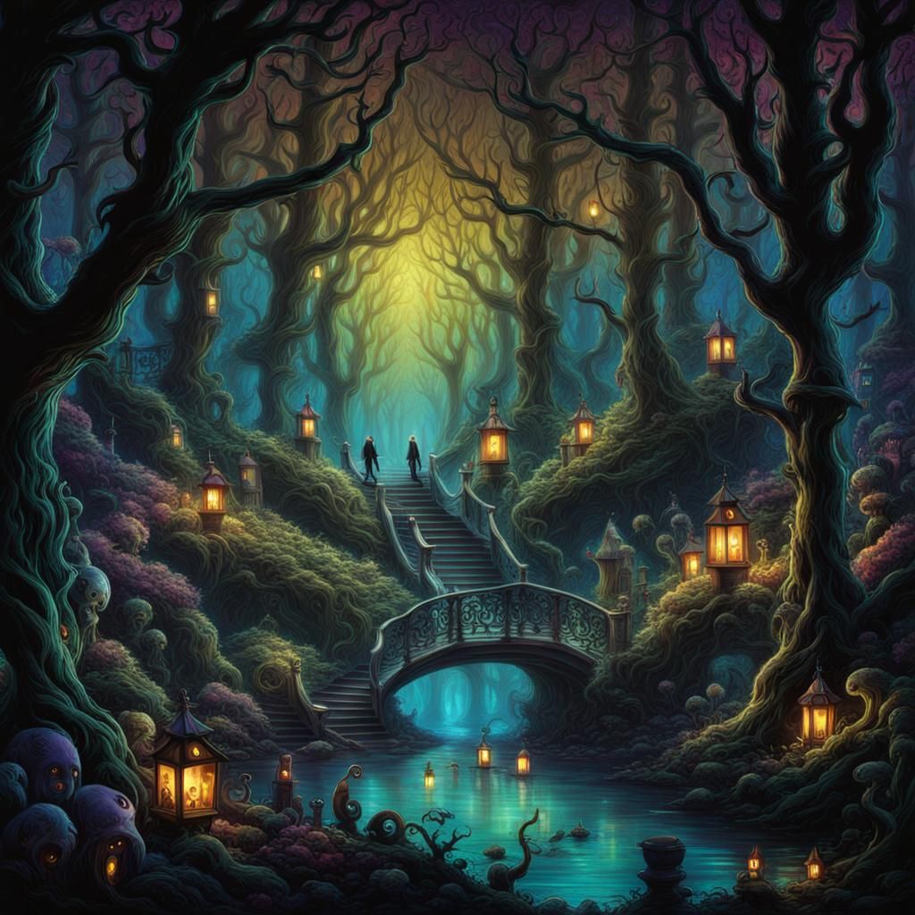 Whimsical Dark Forest Scene in Hyperdetailed Color