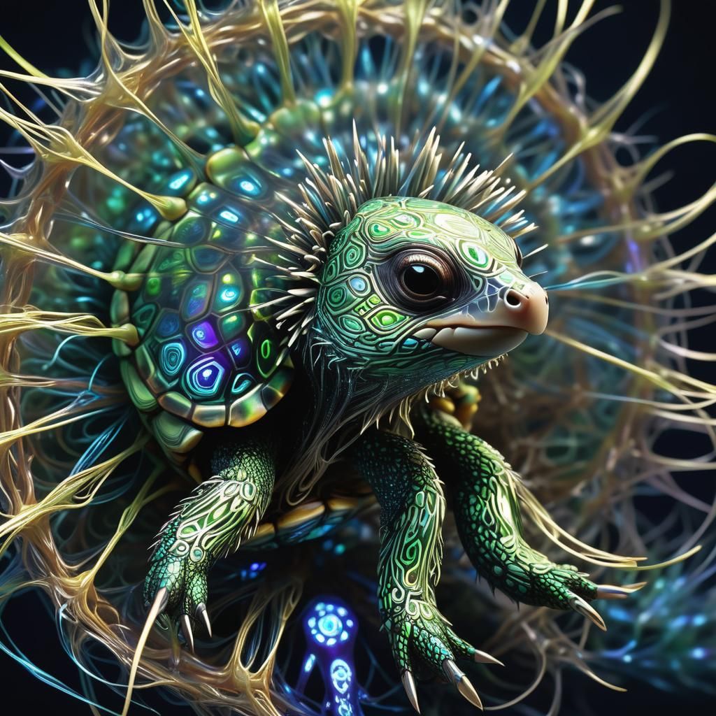 Glowing Turtle Porcupine Hybrid in Cosmic Fractal Web