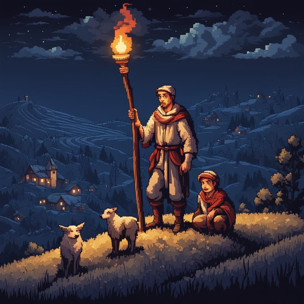 Medieval Shepherd Enjoys Evening Vigil with Faithful Compani...