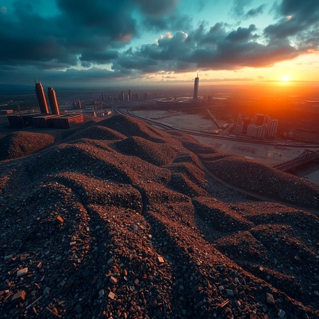 Dystopian Landfill at Dusk in Cyberpunk Style
