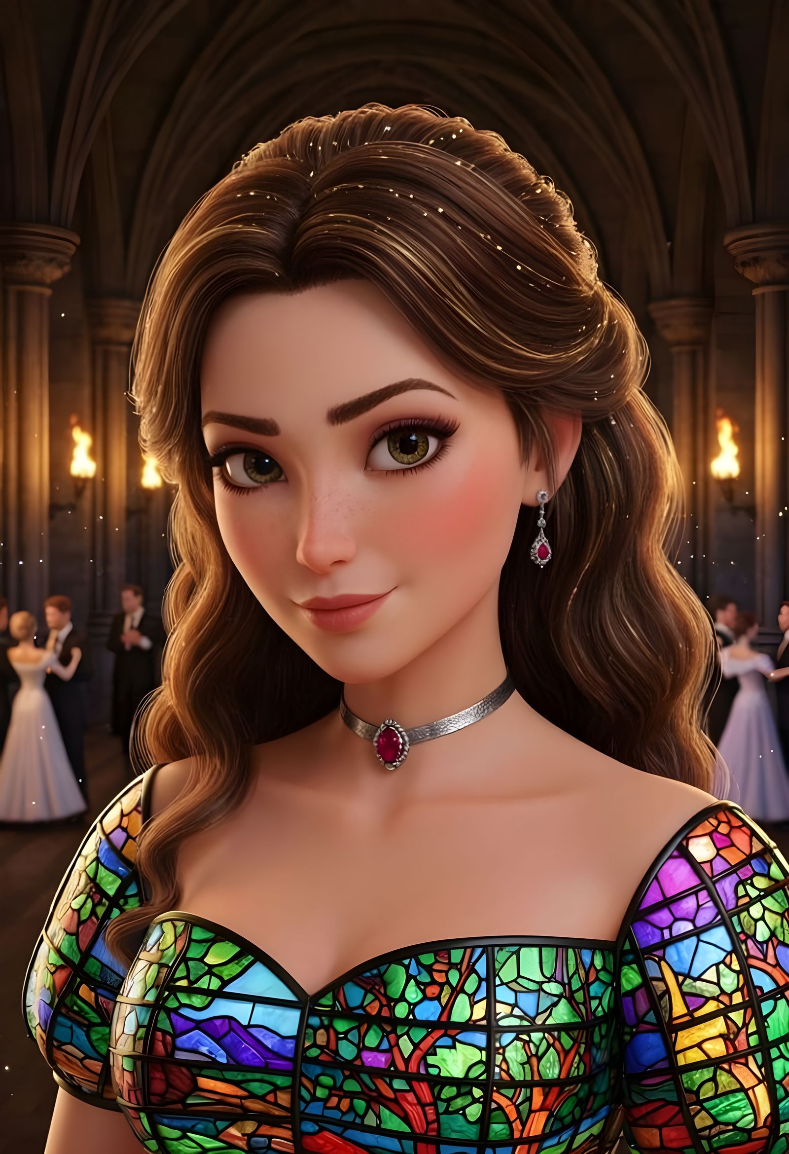 Noblewoman in Vibrant Stained Glass Dress