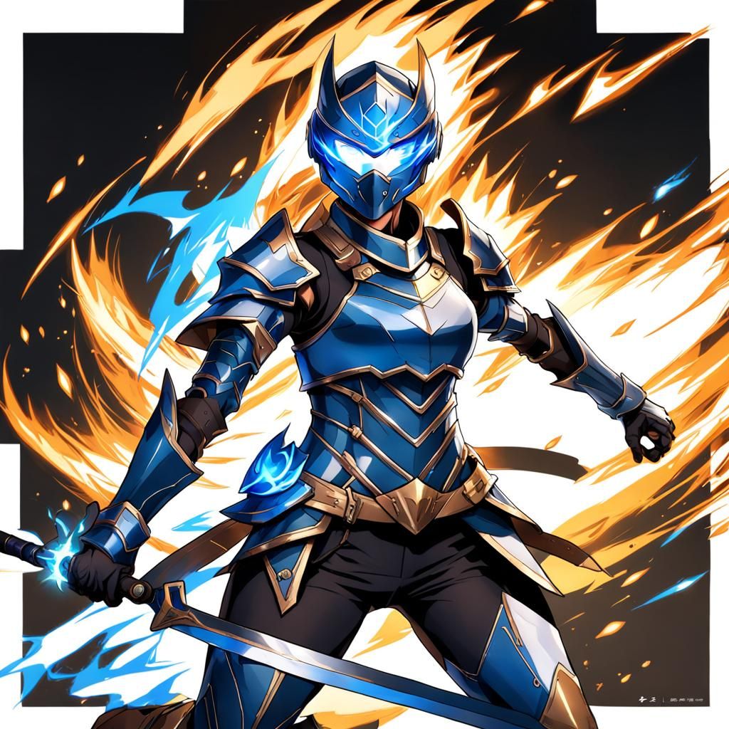 Female Warrior in Anime Armor with Blue Flames