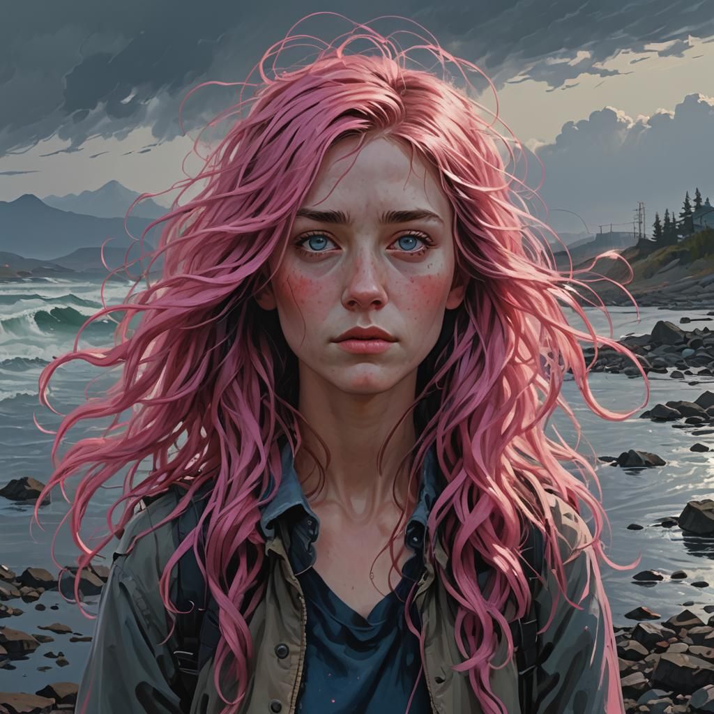 Ethereal Teenage Girl Radiates Defiance in Dreamy Landscape